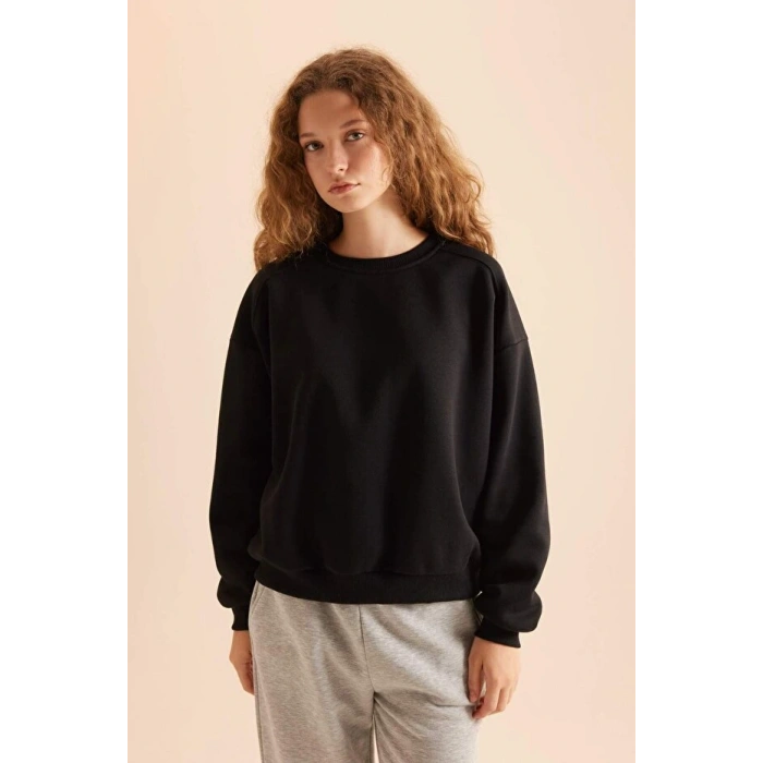 Coool Oversize Geniş Kalıp Bisiklet Yaka Basic Düz Kalın Siyah Sweatshirt