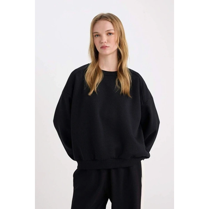 Coool Oversize Geniş Kalıp Bisiklet Yaka Basic Düz Kalın Siyah Sweatshirt