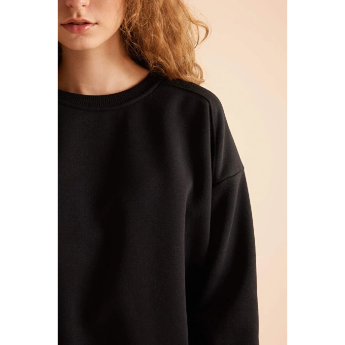Coool Oversize Geniş Kalıp Bisiklet Yaka Basic Düz Kalın Siyah Sweatshirt