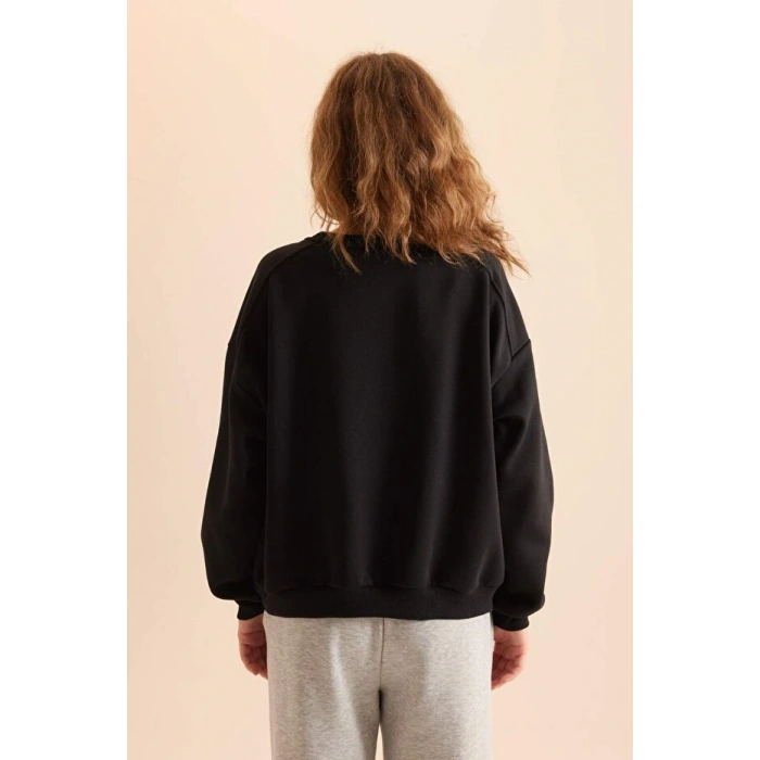 Coool Oversize Geniş Kalıp Bisiklet Yaka Basic Düz Kalın Siyah Sweatshirt