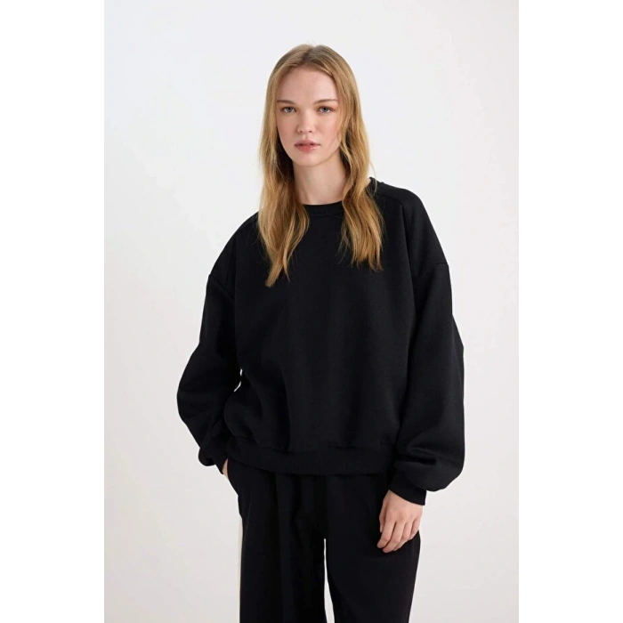 Coool Oversize Geniş Kalıp Bisiklet Yaka Basic Düz Kalın Siyah Sweatshirt