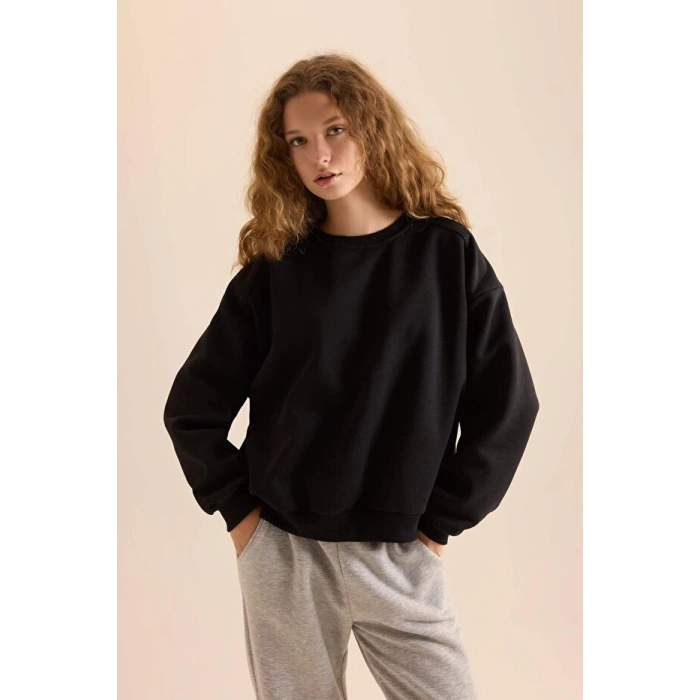 Coool Oversize Geniş Kalıp Bisiklet Yaka Basic Düz Kalın Siyah Sweatshirt