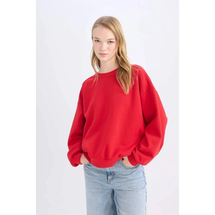 Coool Oversize Geniş Kalıp Bisiklet Yaka Kalın Basic Düz Sweatshirt