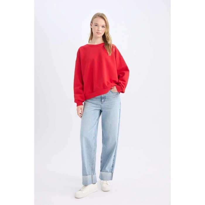 Coool Oversize Geniş Kalıp Bisiklet Yaka Kalın Basic Düz Sweatshirt