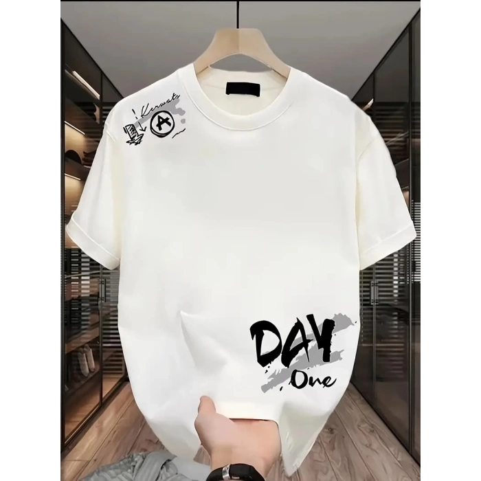 Day One Baskılı Oversize Bisiklet Yaka T-shirt - Beyaz
