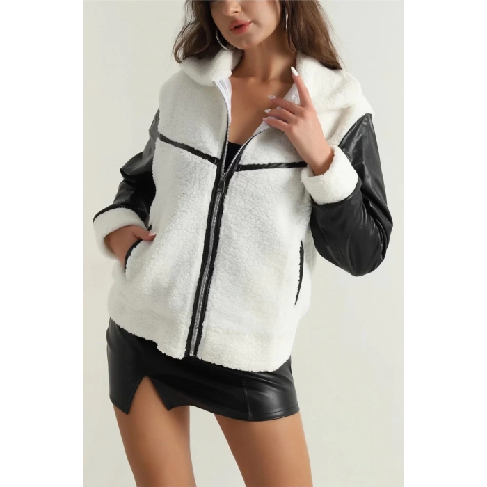 Deri garnili kuzu peluş mont beyaz t1220