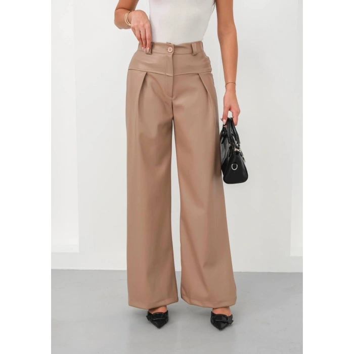 Deri geniş paça beli lastikli pantolon bej h263644