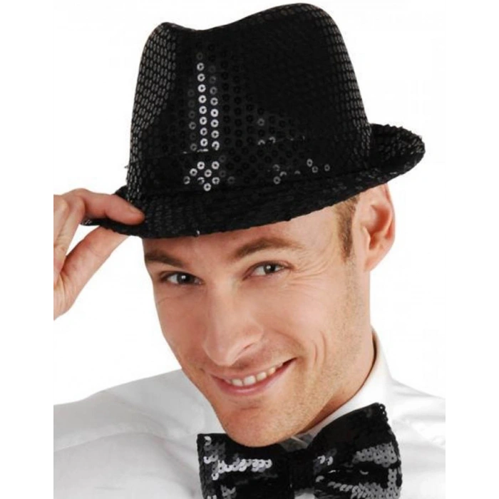 Disko Star Siyah Payetli Fötr Şapka Yetişkin Boy