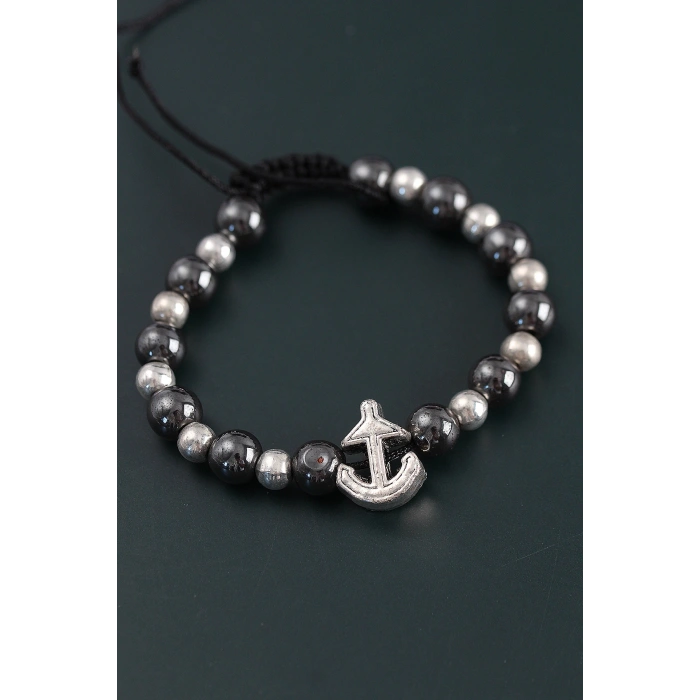 Doğal Taş Çapa Model Gümüş Ve Füme Renk Asansörlü Erkek Bileklik