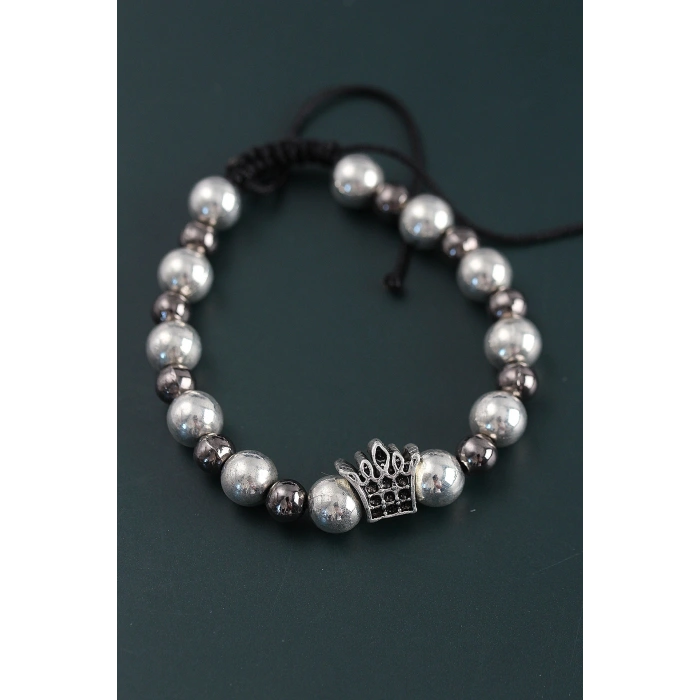 Doğal Taş Kral Tacı Model Gümüş Ve Füme Renk Asansörlü Erkek Bileklik