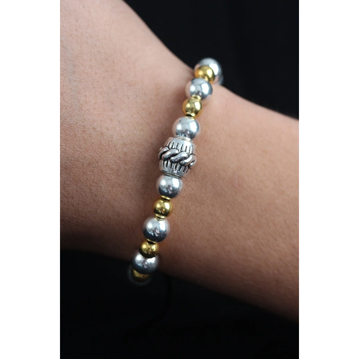 Doğal Taş Sarmal Model Gold Ve Gümüş Renk Asansörlü Erkek Bileklik