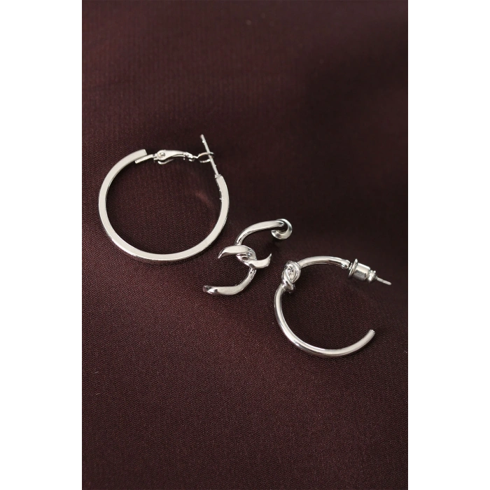 Düğüm Model Gümüş Renk Metal Çoklu Halka Küpe