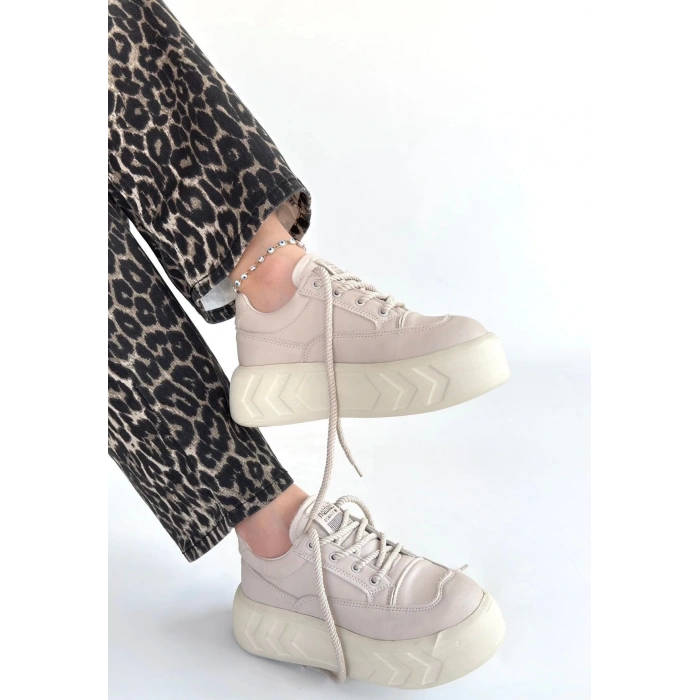 Emwa Bej Cilt Bağcıklı Spor Ayakkabı