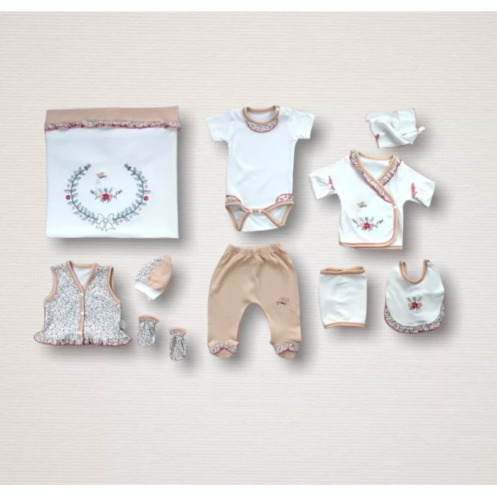 Erguvan Nakışlı  Kız Bebek 10Lu Zıbın Takımı Hastane Çıkışı Nar Çiçeği