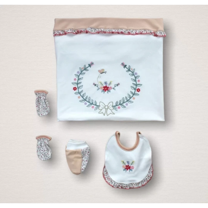 Erguvan Nakışlı  Kız Bebek 10Lu Zıbın Takımı Hastane Çıkışı Nar Çiçeği