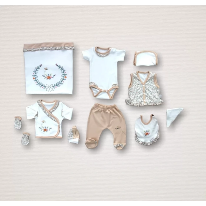 Erguvan Nakışlı  Kız Bebek 10Lu Zıbın Takımı Hastane Çıkışı Turuncu