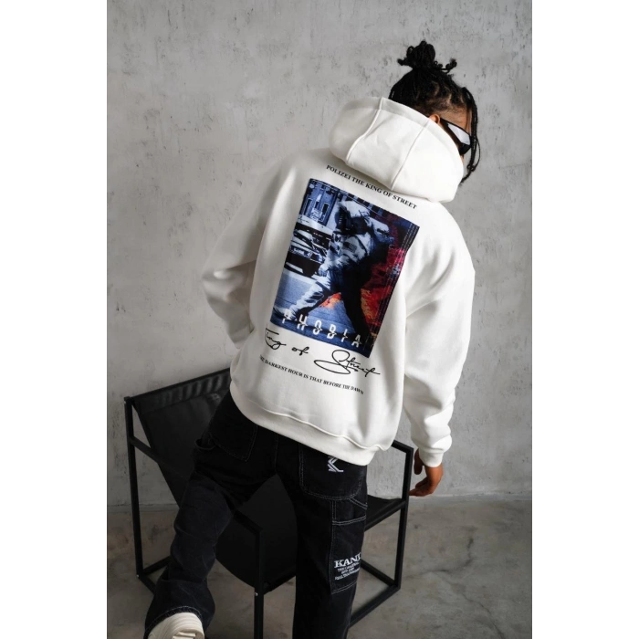 ERKEK ASTRONOT BASKILI KAPÜŞONLU SWEAT - BEYAZ