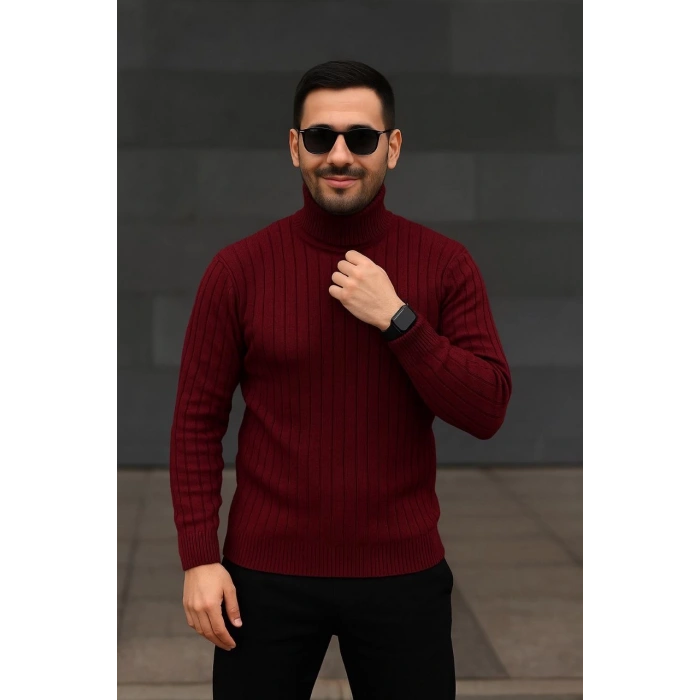 Erkek Balıkcı Yaka Bağazlı Triko Kazak Pamuklu Kalın Fitilli Dokuma, Regular Fit Uzun Kollu Kışlık Model - Bordo