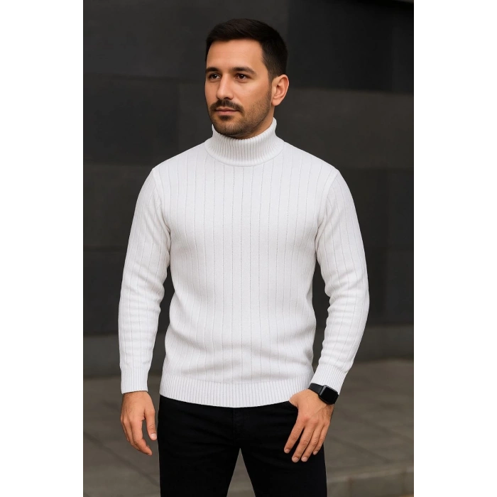 Erkek Balıkcı Yaka Bağazlı Triko Kazak Pamuklu Kalın Fitilli Dokuma, Regular Fit Uzun Kollu Kışlık Model - Beyaz