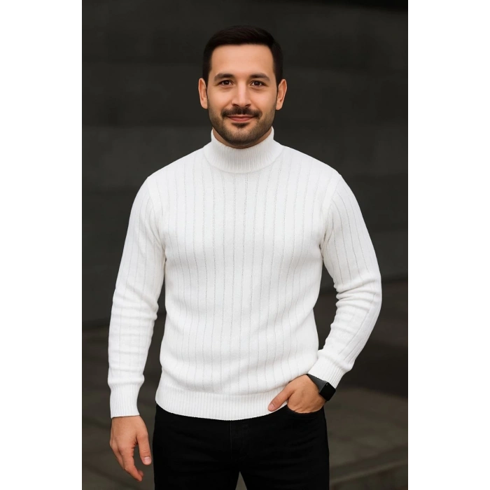 Erkek Balıkcı Yaka Bağazlı Triko Kazak Pamuklu Kalın Fitilli Dokuma, Regular Fit Uzun Kollu Kışlık Model - Beyaz