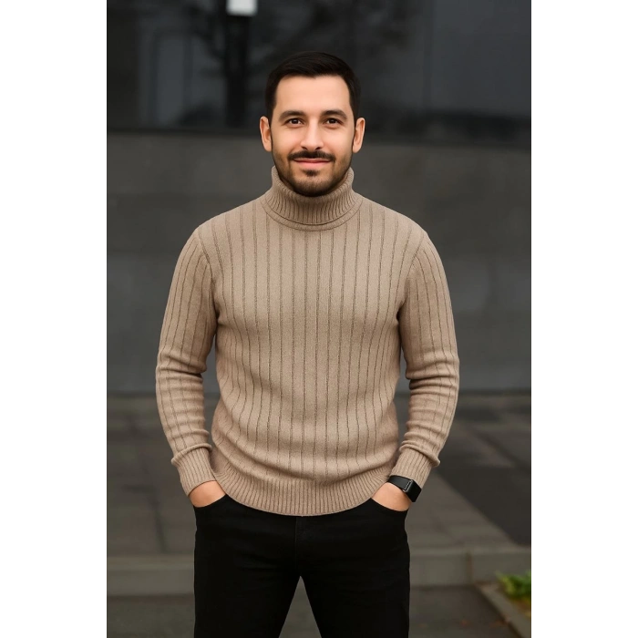 Erkek Balıkcı Yaka Bağazlı Triko Kazak Pamuklu Kalın Fitilli Dokuma, Regular Fit Uzun Kollu Kışlık Model - Bej