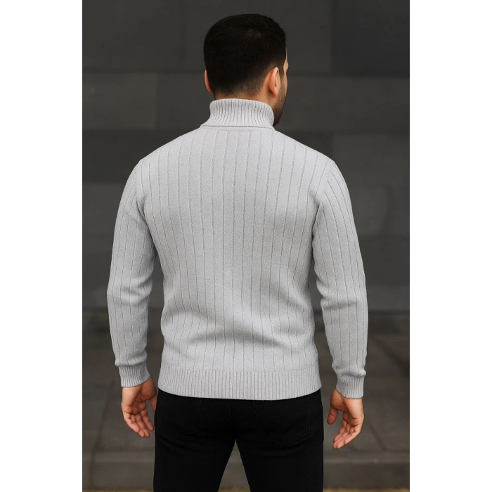 Erkek Balıkcı Yaka Bağazlı Triko Kazak Pamuklu Kalın Fitilli Dokuma, Regular Fit Uzun Kollu Kışlık Model - Gri