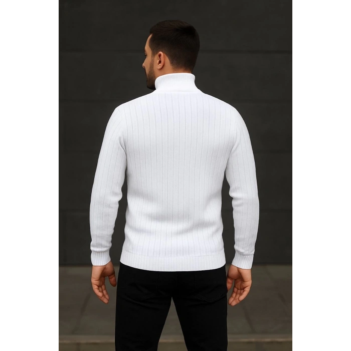 Erkek Balıkcı Yaka Bağazlı Triko Kazak Pamuklu Kalın Fitilli Dokuma, Regular Fit Uzun Kollu Kışlık Model - Beyaz