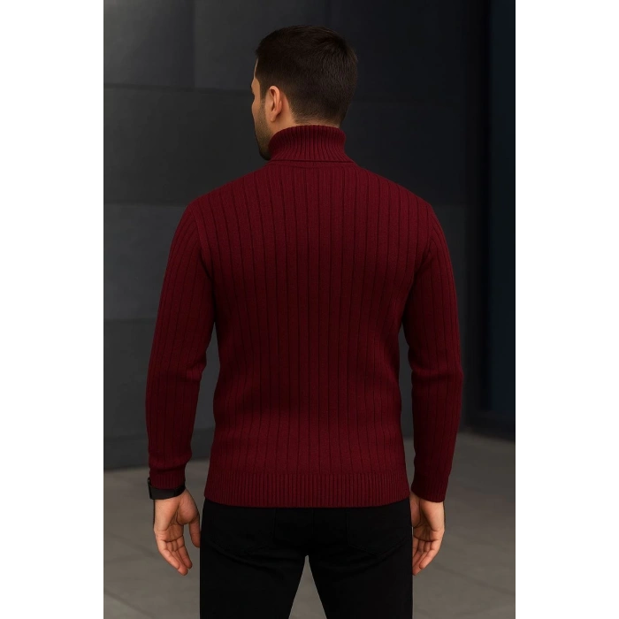 Erkek Balıkcı Yaka Bağazlı Triko Kazak Pamuklu Kalın Fitilli Dokuma, Regular Fit Uzun Kollu Kışlık Model - Bordo