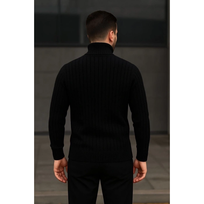 Erkek Balıkcı Yaka Bağazlı Triko Kazak Pamuklu Kalın Fitilli Dokuma, Regular Fit Uzun Kollu Kışlık Model - Siyah