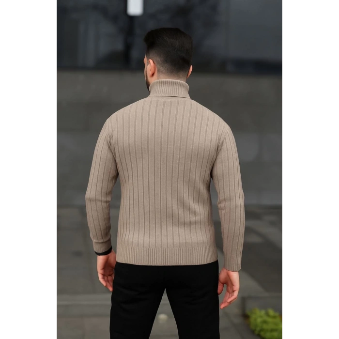 Erkek Balıkcı Yaka Bağazlı Triko Kazak Pamuklu Kalın Fitilli Dokuma, Regular Fit Uzun Kollu Kışlık Model - Bej