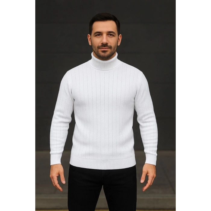 Erkek Balıkcı Yaka Bağazlı Triko Kazak Pamuklu Kalın Fitilli Dokuma, Regular Fit Uzun Kollu Kışlık Model - Beyaz