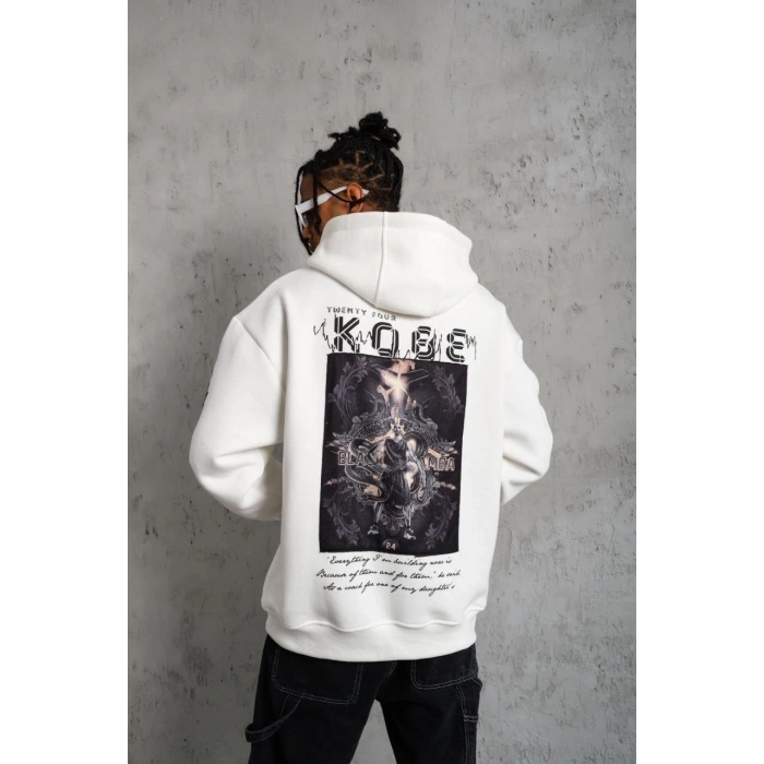 Erkek Baskılı Kapüşonlu Sweat - Beyaz