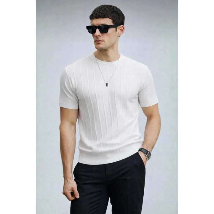 Erkek Bisiklet Yaka Kısa Kollu Yazlık Triko Tişört Beyaz
