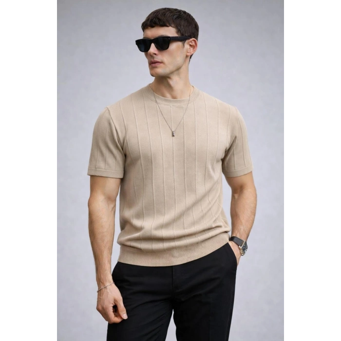 Erkek Bisiklet Yaka Kısa Kollu Yazlık Triko Tişört Bej