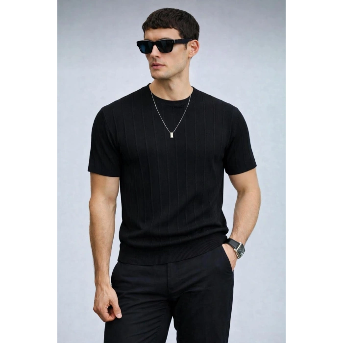 Erkek Bisiklet Yaka Kısa Kollu Yazlık Triko Tişört Siyah