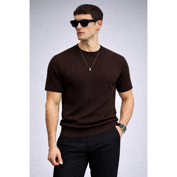 Erkek Bisiklet Yaka Kısa Kollu Yazlık Triko Tişört Kahverengi