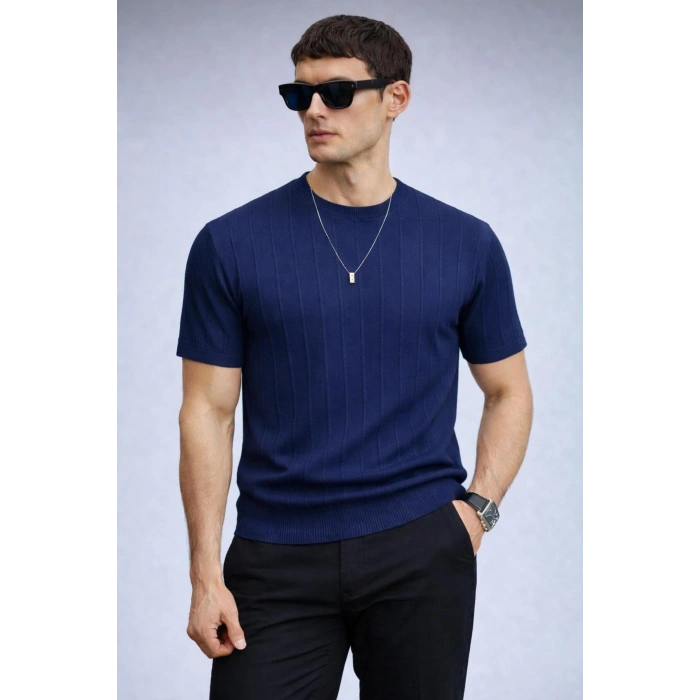 Erkek Bisiklet Yaka Kısa Kollu Yazlık Triko Tişört Lacivert