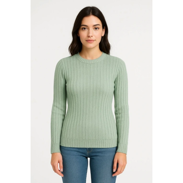 Erkek Bisiklet Yuvarlak Yaka Triko Kazak Pamuklu Kalın Fitilli Dokuma, Regular Fit Uzun Kollu Kışlık Model - Mint Yeşili