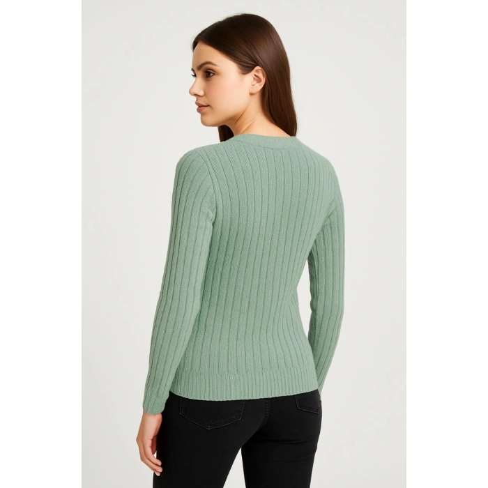 Erkek Bisiklet Yuvarlak Yaka Triko Kazak Pamuklu Kalın Fitilli Dokuma, Regular Fit Uzun Kollu Kışlık Model - Mint Yeşili