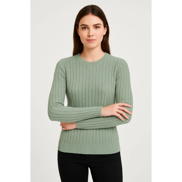 Erkek Bisiklet Yuvarlak Yaka Triko Kazak Pamuklu Kalın Fitilli Dokuma, Regular Fit Uzun Kollu Kışlık Model - Mint Yeşili