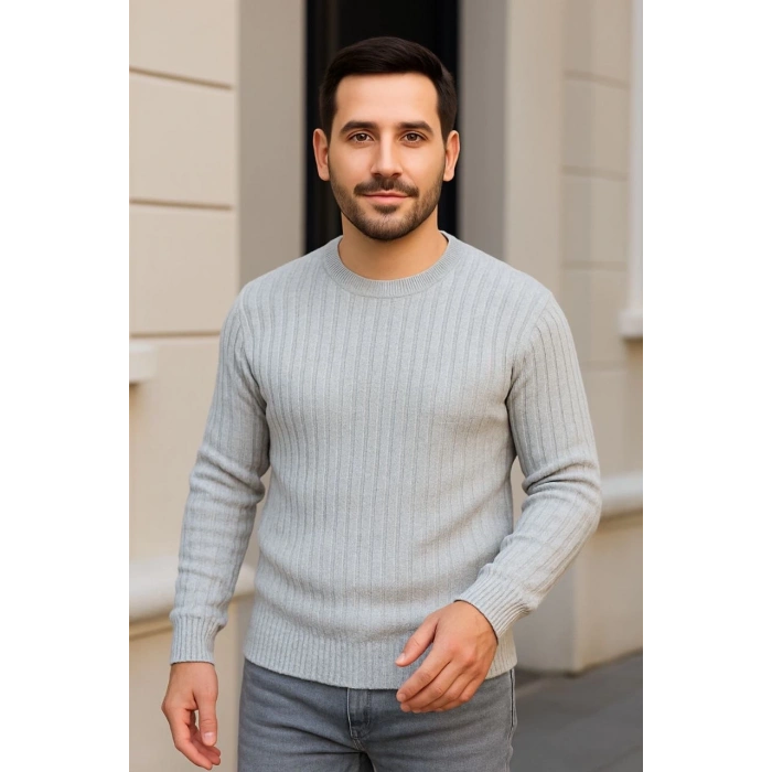 Erkek Bisiklet Yuvarlak Yaka Triko Kazak Pamuklu Kalın Fitilli Dokuma, Regular Fit Uzun Kollu Kışlık Model - Gri