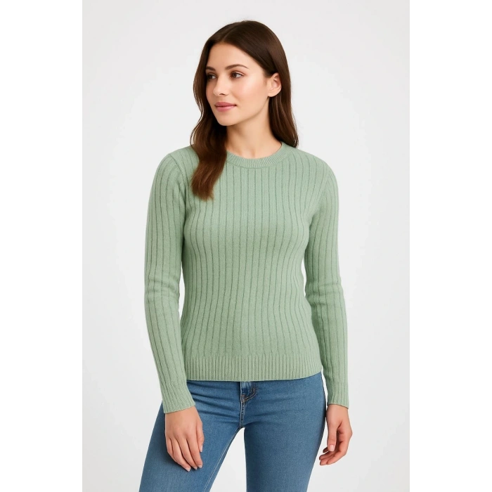 Erkek Bisiklet Yuvarlak Yaka Triko Kazak Pamuklu Kalın Fitilli Dokuma, Regular Fit Uzun Kollu Kışlık Model - Mint Yeşili