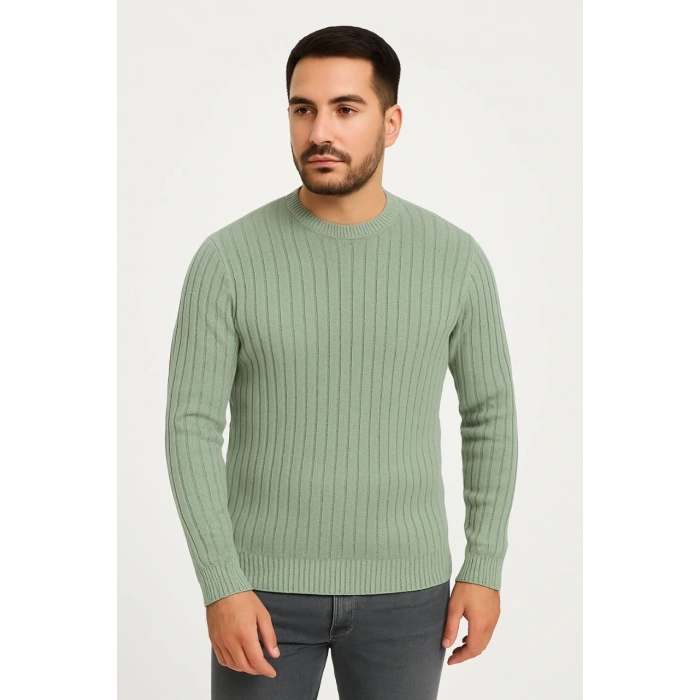 Erkek Bisiklet Yuvarlak Yaka Triko Kazak Pamuklu Kalın Fitilli Dokuma, Regular Fit Uzun Kollu Kışlık Model - Mint Yeşili