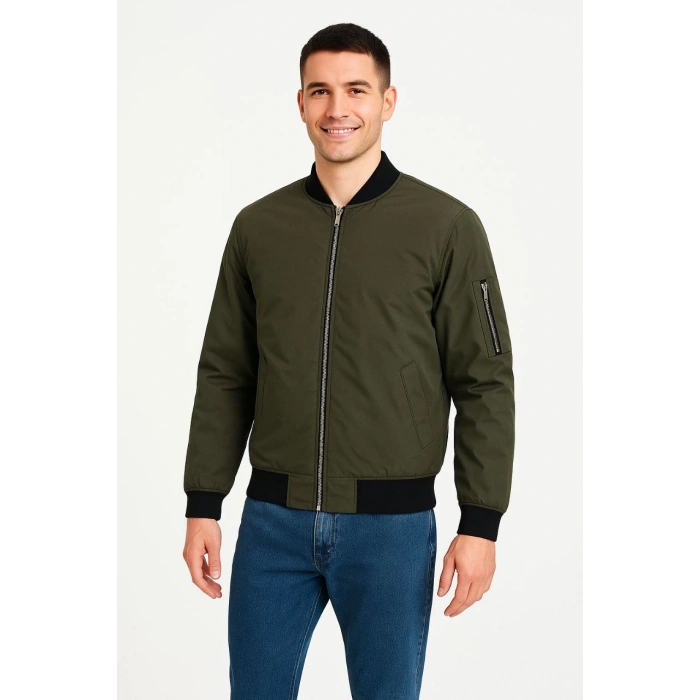 ERKEK BOMBER MONT CEKET – FERMUARLI, KAPİTONE İÇİ ASTARLI, SU İTİCİ KUMAŞ, REGULAR FİT, UZUN KOLLU, YANDAN CEPLİ, BAHAR & KIŞ RAHAT GÜNLÜK STİL - HAKİ