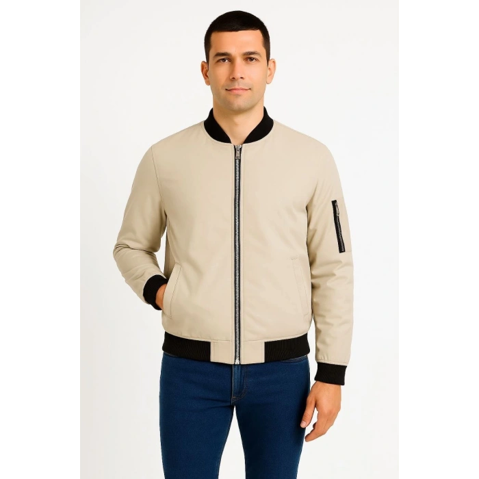 ERKEK BOMBER MONT CEKET – FERMUARLI, KAPİTONE İÇİ ASTARLI, SU İTİCİ KUMAŞ, REGULAR FİT, UZUN KOLLU, YANDAN CEPLİ, BAHAR & KIŞ RAHAT GÜNLÜK STİL - BEJ