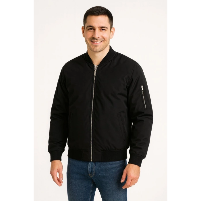 ERKEK BOMBER MONT CEKET – FERMUARLI, KAPİTONE İÇİ ASTARLI, SU İTİCİ KUMAŞ, REGULAR FİT, UZUN KOLLU, YANDAN CEPLİ, BAHAR & KIŞ RAHAT GÜNLÜK STİL - SİYAH