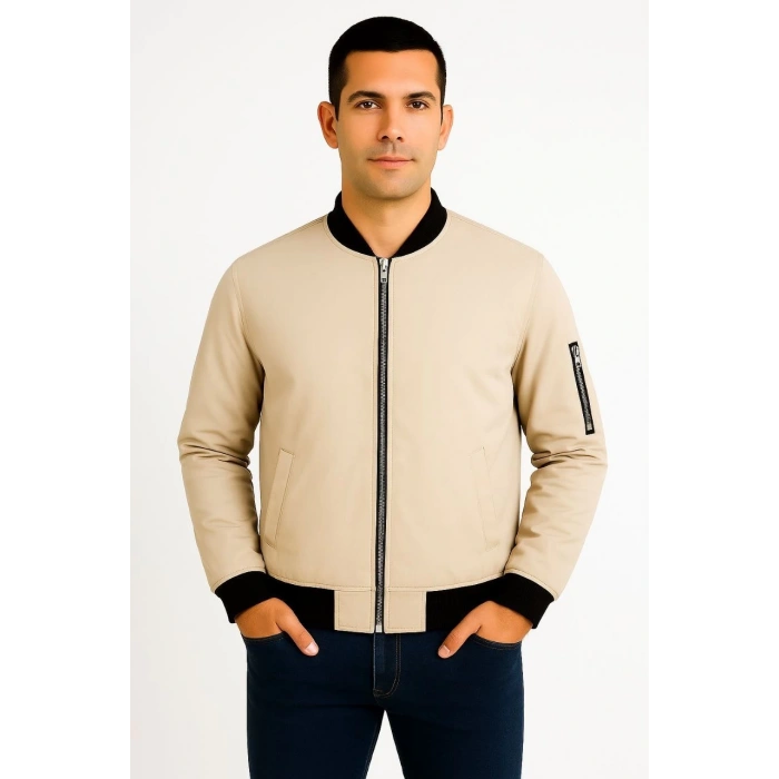 ERKEK BOMBER MONT CEKET – FERMUARLI, KAPİTONE İÇİ ASTARLI, SU İTİCİ KUMAŞ, REGULAR FİT, UZUN KOLLU, YANDAN CEPLİ, BAHAR & KIŞ RAHAT GÜNLÜK STİL - BEJ