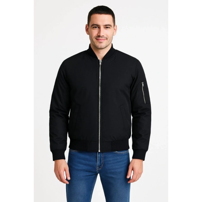 ERKEK BOMBER MONT CEKET – FERMUARLI, KAPİTONE İÇİ ASTARLI, SU İTİCİ KUMAŞ, REGULAR FİT, UZUN KOLLU, YANDAN CEPLİ, BAHAR & KIŞ RAHAT GÜNLÜK STİL - SİYAH