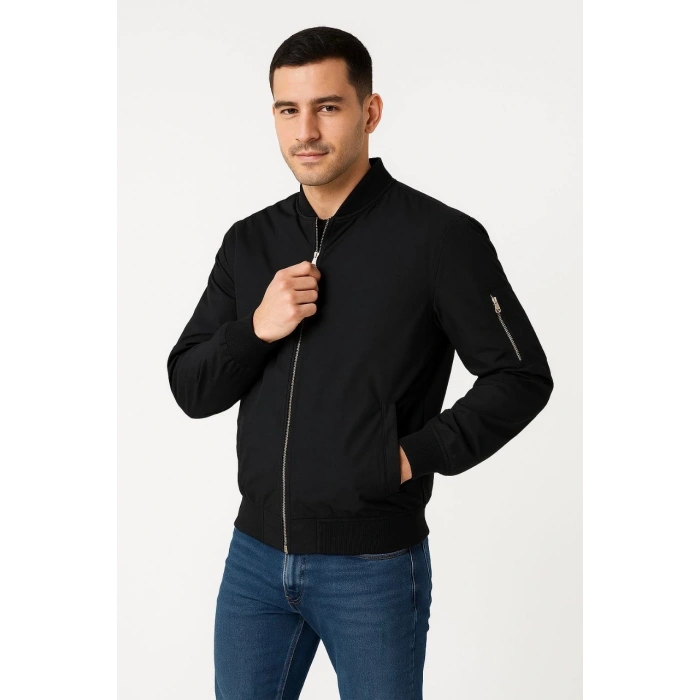ERKEK BOMBER MONT CEKET – FERMUARLI, KAPİTONE İÇİ ASTARLI, SU İTİCİ KUMAŞ, REGULAR FİT, UZUN KOLLU, YANDAN CEPLİ, BAHAR & KIŞ RAHAT GÜNLÜK STİL - SİYAH