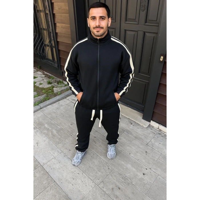 Erkek Çift Şeritli Eşofman Takım Dik Yaka Fermuarlı Sweatshirt Boru Paça Alt, Oversize 3 iplik Pamuklu - Siyah